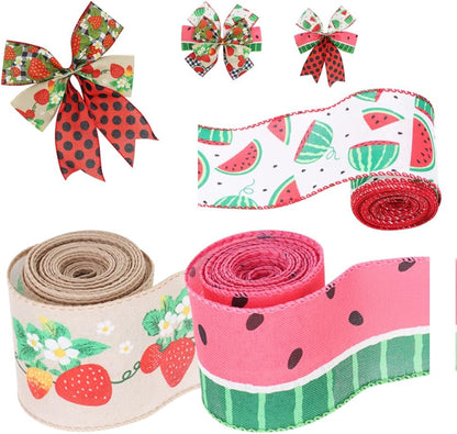 2.5" Watermelon and Strawberry Ribbon,Summer Craft Wire Edged Ribbon,Checks,Polka Dots,Watermelon Slices,Strawberries and Flowers Faux Linen Ribbons for Floral Arrangements, Packages and Home Decor. - Crafty Corner