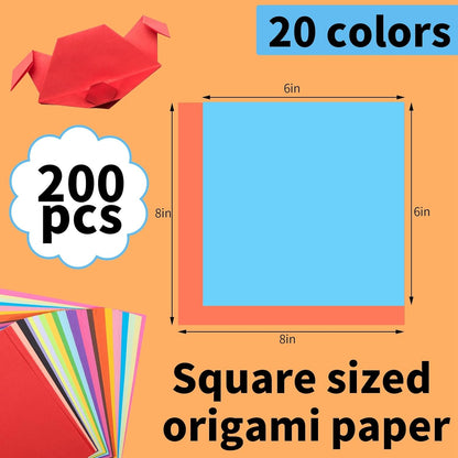 Square Origami Paper, 200 Sheets, 20 Colors Origami Kit for Kids Ages 8-12, Double Sided Colored Paper Folding Paper Origami Paper for Crafts(100 pcs of 6×6in & 100pcs of 8×8in) - Crafty Corner