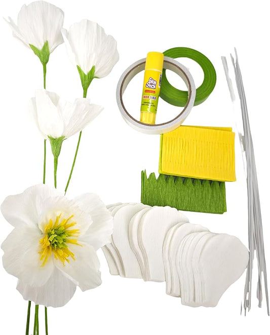 White Crepe Paper Poppy Flower DIY Making Kit for Home Table Centerpieces Decoration Office Wedding 24 pcs