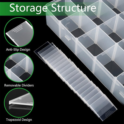 Large 24 Grids Plastic Organizer Box Adjustable Dividers,Clear Storage Box for Jewelry, Art DIY Crafts, Washi Tapes, Beads and Small Parts(2 Pack)