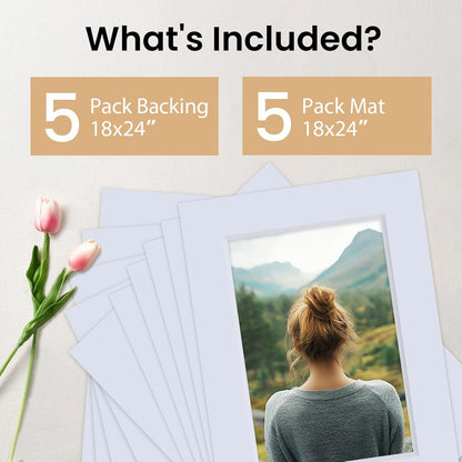Falling in Art 5 Pack Acid Free 18x24'' White Picture Mats Board Show Kit for 12x18'' Photos, 4-Ply Beveled Pre-Cut Photo Mats with Backing Board for Frames, Artwork and Prints