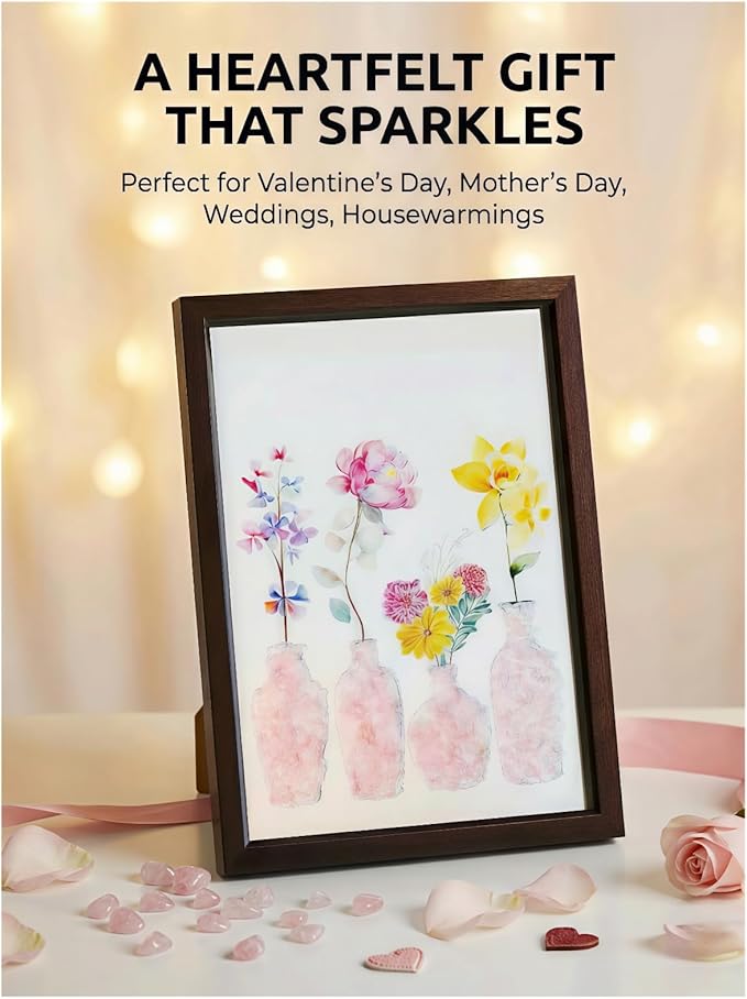 Boohyjtong DIY Rose Quartz Crystal Art Kit - Natural Pink Gemstone Mosaic Wall Decor, Framed Floral Vase Craft for Adults, Healing Love Stone Gift for Her, Wedding & Home Decor (Includes A4 Frame)