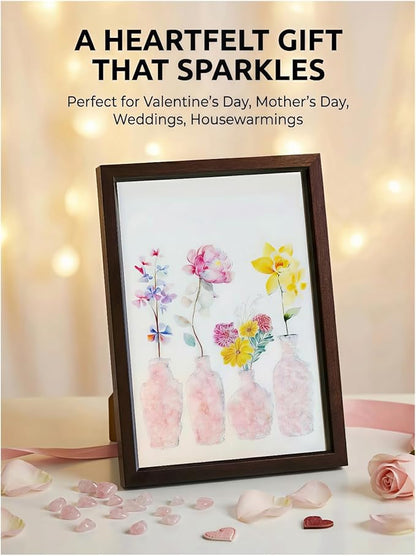 Boohyjtong DIY Rose Quartz Crystal Art Kit - Natural Pink Gemstone Mosaic Wall Decor, Framed Floral Vase Craft for Adults, Healing Love Stone Gift for Her, Wedding & Home Decor (Includes A4 Frame)