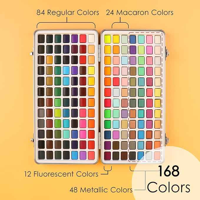 Grabie Watercolor Paint Set, Watercolor Paints, 168 Colors, Painting Set with Coloring Book, Water Brushes and Drawing Pencil, Art Supplies, Perfect Starter Kit for Watercolor Painting