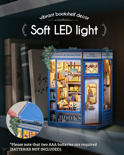 Cutefun Book Nook Kit - DIY Miniature Dollhouse Kit 3D Creative Decorative Bookend 3D Wooden Puzzle for Adults, Bookshelf Insert Library Decor with LED Light (Literature Bookstore)