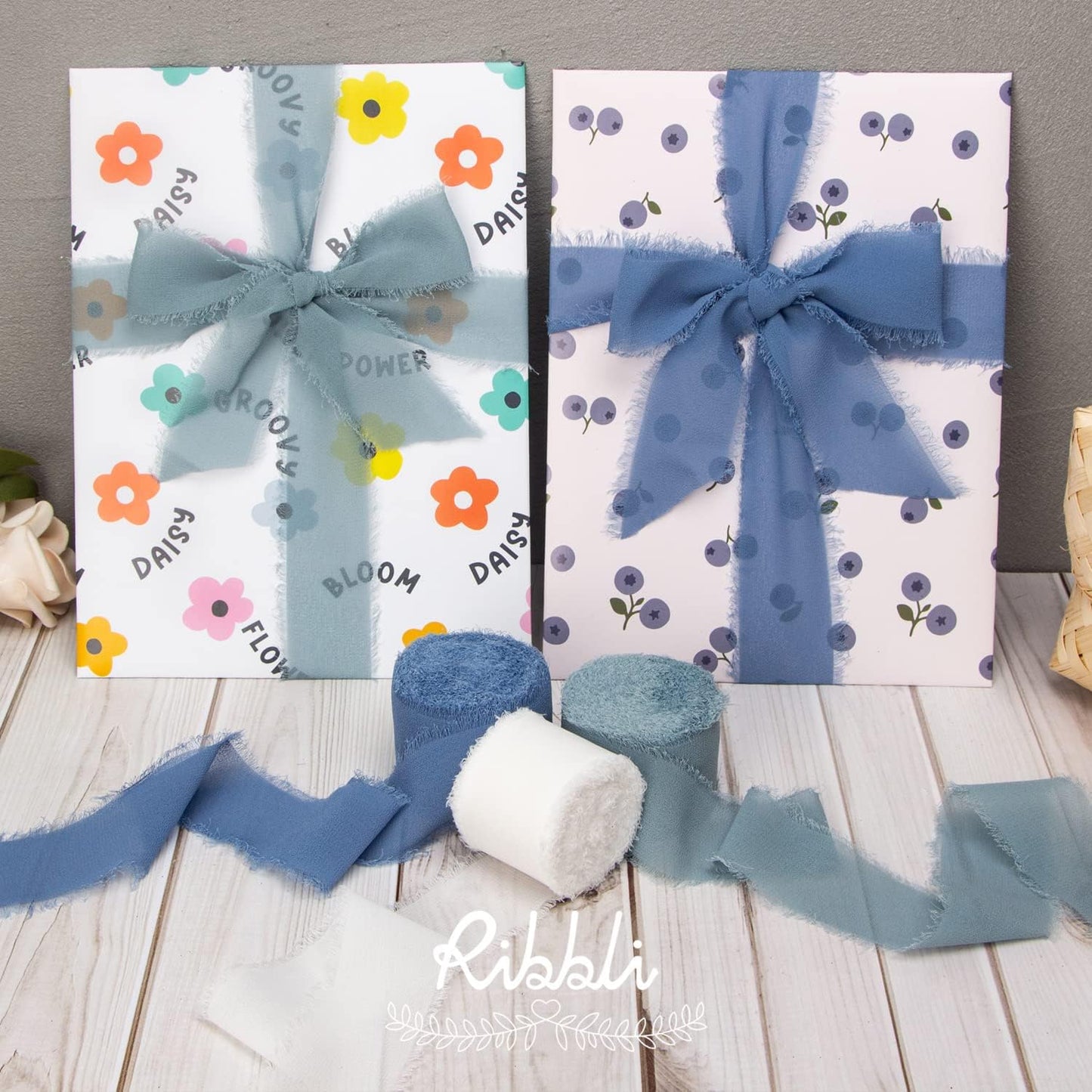 Ribbli Slate Blue Chiffon Ribbon 1-1/2 inch x 20 Yard Handmade Fringe Chiffon Silk Ribbon for Wedding Invitations, Bridal Bouquets Wrapping, Flower Arrangement Decoration - Crafty Corner