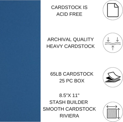 PA Paper Accents Stash Builder Cardstock 8.5" x 11" Riviera, 65lb Colored cardstock Paper for Card Making, Scrapbooking, Printing, Quilling and Crafts, 25 Piece Pack