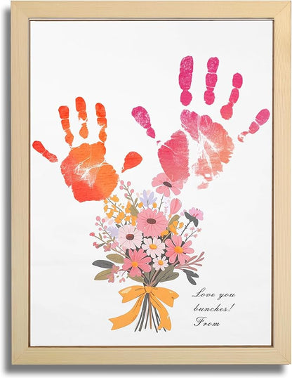 Bixinyo Flower Bouquet Handprint Kit, Mother's Day Gifts for Grandma, Mom, Grandparents from Daughter/Kids, Unique Gifts for Birthday Christmas, DIY Art Craft 12" X 16" Frame (Bow, Natural)
