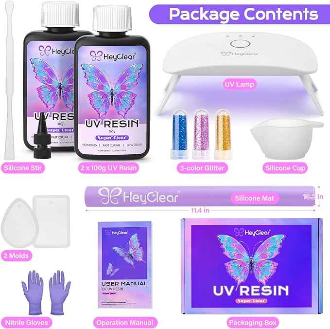 HeyClear UV Resin Kit with Light -200g Crystal Clear, Hard Resina UV Light Fast Curing UV Glue for Beginners Crafting, Molds Jewelry Making, DIY Craft Decorations