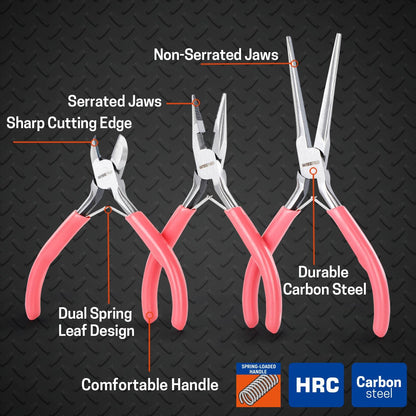 3 PCS Mini Pliers Set, Pink Jewelry Pliers Kit with Needle Nose, Diagonal and Long Nose, Small Plier Tool for Jewelry Making, DIY Crafts, Beading and Electronic Repair