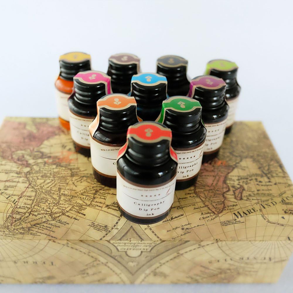 GC QUILL Dip Pen Ink, 10 Colors Fountain Dip Pen Ink Set Non-Carbon Drawing Writing Art Craft Dip Inks Bottles, 20cc Bottle 10 Colors Set LL-710 - Crafty Corner