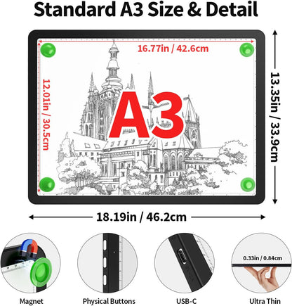 Zocelight Rechargeable A3 Light Box for tracing,Diamond Art Light Board with 4 Magnets,Wireless Light Pad for Diamond Painting,Ultra Bright Light Table for Drawing, Sketching,Animation(Black)