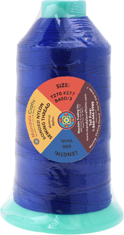 Mandala Crafts Bonded Nylon Thread Royal Blue Heavy Duty Sewing Threads - 800 YDs Size 277 840D T270 Tex 270 Thread for Leather Jeans Weaving Outdoor Marine Upholstery Threads