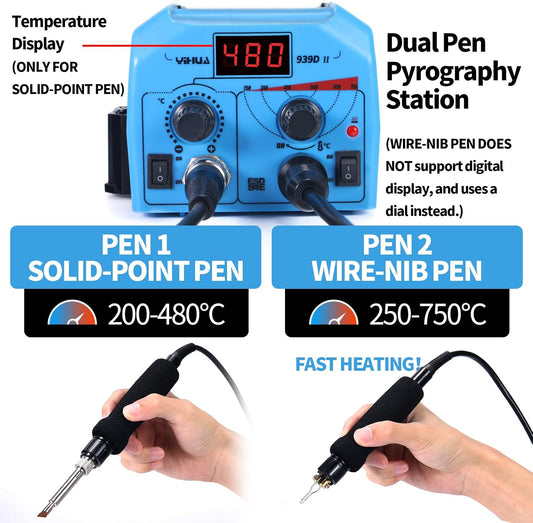 YIHUA 939D-II Pyrography Pen Wood Burning Kit Station 2-in-1 Solid-Point 200~480°C (with Temp Display)/Wire-Nib 250~750°C with 20 Nibs, Solid Points, 1 Stable Pen Holder, 2 Scrap Wood (Blue) - Crafty Corner