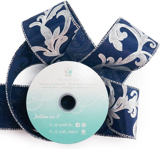 CT CRAFT LLC Royal Satin Silver Swirl Wired Ribbon 2.5 Inch x 10 Yards for Christmas Home Decor Tree Topper Bow Gift Wrapping DIY Crafts Wreath Garland - Crafty Corner