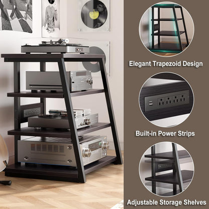 Armocity 4-Tier AV Media Stand with Power Strips, Stereo Stand with LED Lights, Rack Audio Tower with Adjustable Shelves, Small Entertainment Center, 30'', Black Ebony