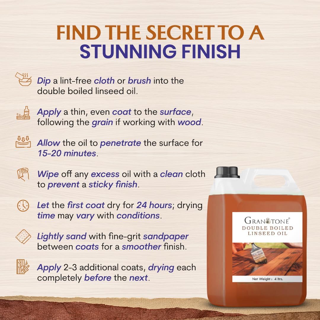 GRANOTONE Double Boiled Linseed Oil | Effective Waterproof Furniture Polish Oil, Used for Wood Finishing, Sports Goods Like Cricket Bat, Filling Cracks, Mixing with Paint and Wall Putty, 200 ML
