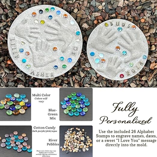 Mother's Day DIY Handprint Gift Kit, Large DIY Handprint Stepping Stone Kit, Indoor Outdoor Family Keepsake Craft Gift (Includes 1 Mod, 26 Letter Stamps, and Colored Stones) (10 in (Fits 1 Handprint))