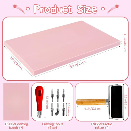 4 Pack Rubber Block Stamp Carving Blocks,Rubber Carving Linoleum Blocks with Cutter Tools,Rubber Brayer Roller for Stamp Maker,Printmaking and More Crafts