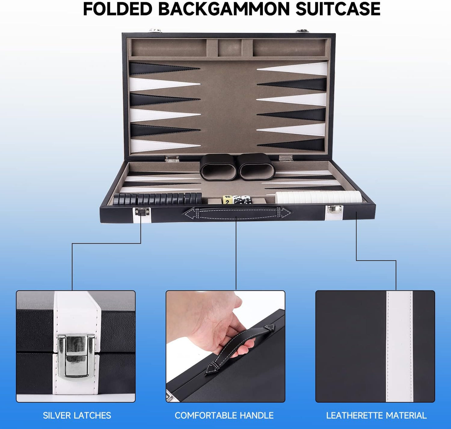 GSE Games & Sports Expert Premium Leather Backgammon Board Game Set, Classic Backgammon Game Set with Leather Case, Travel Folding Board Game (Black&Grey, Medium)