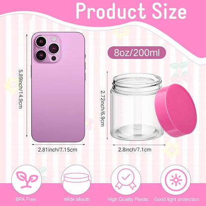 SATINIOR 12 Pack 8 oz Plastic Container Jars with Lids Round Clear Travel Cosmetic Container Slime Jars for Toiletries, Lotion, Cream, Ointments, Makeup, Rhinestone, Samples, Kitchen Storage(Pink)