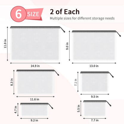 Umriox Zipper Bags, 6 Assorted Size (Black, 12 Packs), Project Bags for Cross Stitch, Mesh Zipper Pouch for Office Supplies Travel Accessories and Board Games Storage