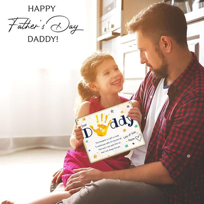 Dear Daddy Poem DIY Baby Handprint Art Craft Plaque Gift for Dad, Best Dad Ever Gifts with Kids Handprint Keepsake, Baby's First Fathers Day Handprint Craft with Poem Sign for Dad from Toddler Infant