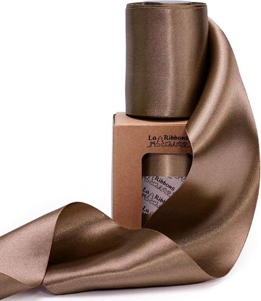 LaRibbons Brown Satin Ribbon 3 Inch 10 Yards Double Faced Luxury Mocha Silk Ribbon for Gift Wrapping Flower Bouquets Bow Christmas Wedding Party Decoration - Crafty Corner