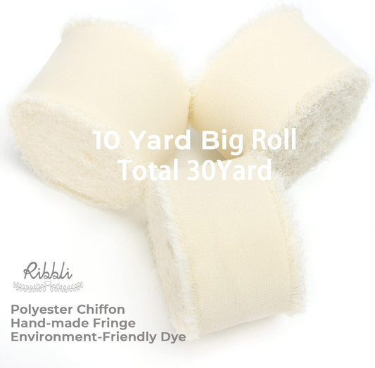 Ribbli Ivory Chiffon Ribbon 1-1/2 inch x 30 Yard Handmade Fringe Chiffon Ivory Silk Ribbon,Cream Ribbon for Wedding Invitations, Bridal Bouquets Wrapping, Flower Arrangement Decoration - Crafty Corner