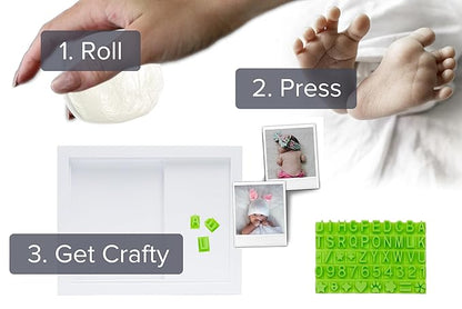 Baby Hand & Footprint Frame Keepsake Kit | Capture Milestone Moments with Safe Clay, Stencil Set & Wood Frame | Perfect Newborn Gift for Baby Showers | White