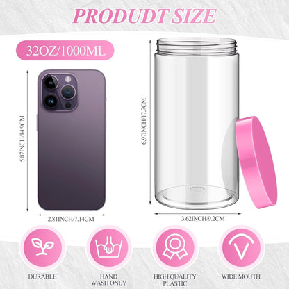 SATINIOR 12 Pack 32 oz Plastic Container Jars with Lids Round Clear Travel Cosmetic Container Slime Jars for Toiletries, Lotion, Cream, Ointments, Makeup, Rhinestone, Samples, Kitchen Storage(Pink)