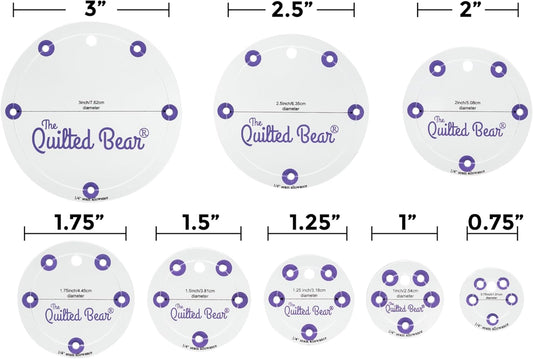 The Quilted Bear Circle Quilting Templates – 8 Clear Non-Slip Acrylic Quilt Templates for Precise Fabric Cutting & Stress-Free Machine Quilting - Ideal for Quilt & Sewing Supplies (¾–3")