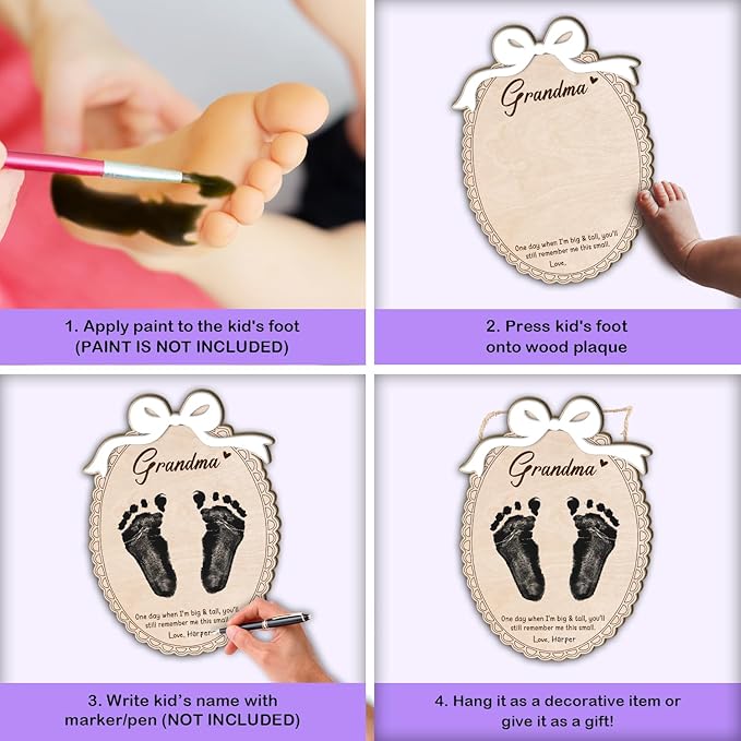 DIY Mothers Day Footprint Craft Wooden Hanging Sign for Grandma Nana Mimi, 3D Baby's First Mothers Day Footprint Memory Keepsake Gift with Bow Poem, Grandma Birthday Gifts from Kid Art Craft Activity
