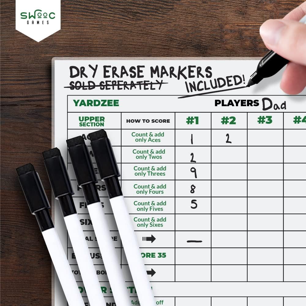 SWOOC Games® - 5 Big Premium Laminated Yardzee & Farkle Score Cards (11.5in x 8in) with Rules - Large Reusable Dry Erase Pads for Giant Outdoor Dice