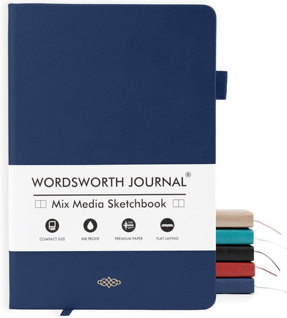 Wordsworth & Black A5 Mixed Media Journal 96 Mix Pages, Hardcover Leather, 190 GSM Paper, Journaling Notebook for Work & Sketching, Journals for Women, Men - Gifts Box Included Blue