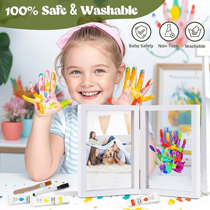 Family Handprint Kit, DIY Baby Hand and Footprint Handmade Keepsake Wooden Frame, Family Gifts with 5 Non-Toxic Baby-Safe Paint, Ideas Gift for New Parents, Grandparents, Father's Day, Mother's Day