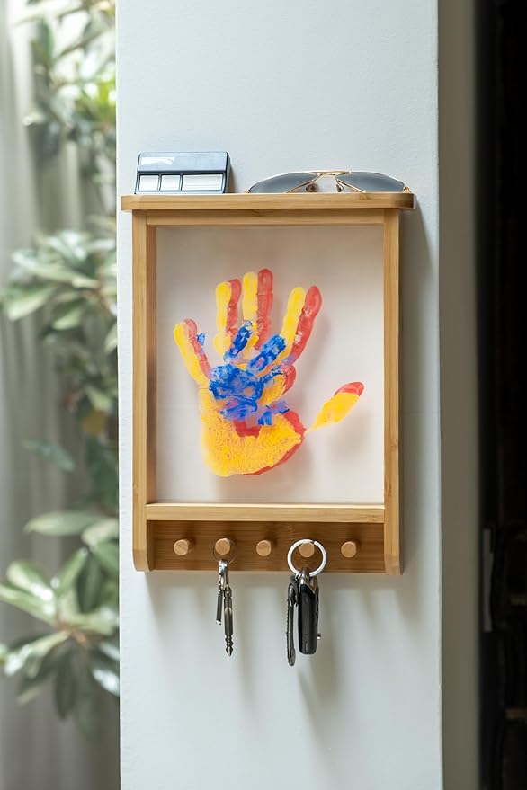 Family Handprint Kit & Key Holder – DIY Eco-Friendly Bamboo Keepsake Kit with Non-Toxic Paints, Personalized Baby Gifts for Family, New Parents & Grandparents, Unique Gift for Baby Showers