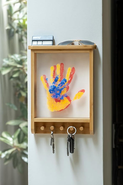 Family Handprint Kit & Key Holder – DIY Eco-Friendly Bamboo Keepsake Kit with Non-Toxic Paints, Personalized Baby Gifts for Family, New Parents & Grandparents, Unique Gift for Baby Showers