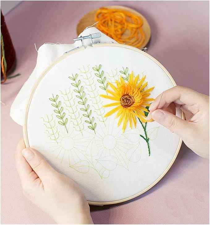 Act Iron Embroidery Starter Kit Full Range of Starter Including Instructions Stamped Cloth with Pattern Hoop Color Threads and Tools Crafts for Adults(Sunflower Florals)