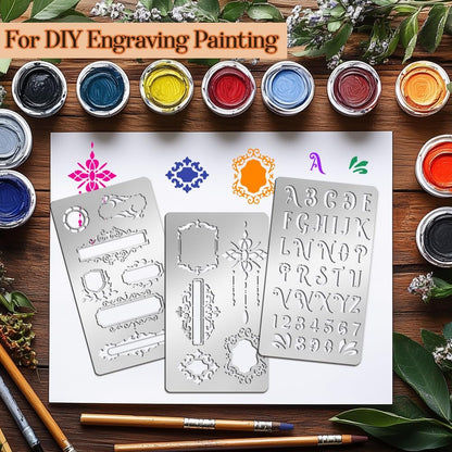 9PCS Metal Stencils Wood Burning Stencil Journal Border Stencils Letter Stencil Engraving Templates for Painting Scrapbooking Bookmark Flower Vines DIY(4 x 7 Inch)