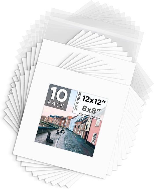 Mat Board Center, Pack of 10, 12x12 for 8x8 White Mat Kit - Acid Free, 4-ply Thickness, White Core - Includes Backing Boards and Clear Bags - for Pictures, Photos, Framing