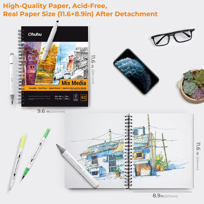Mix Media Pad, Ohuhu Mixed Media Art Sketchbook, 120 LB/200 GSM Heavyweight Papers, 62 Sheets/124 Pages, Spiral Bound Mixed Media Paper Pad for Christmas Gift - Crafty Corner