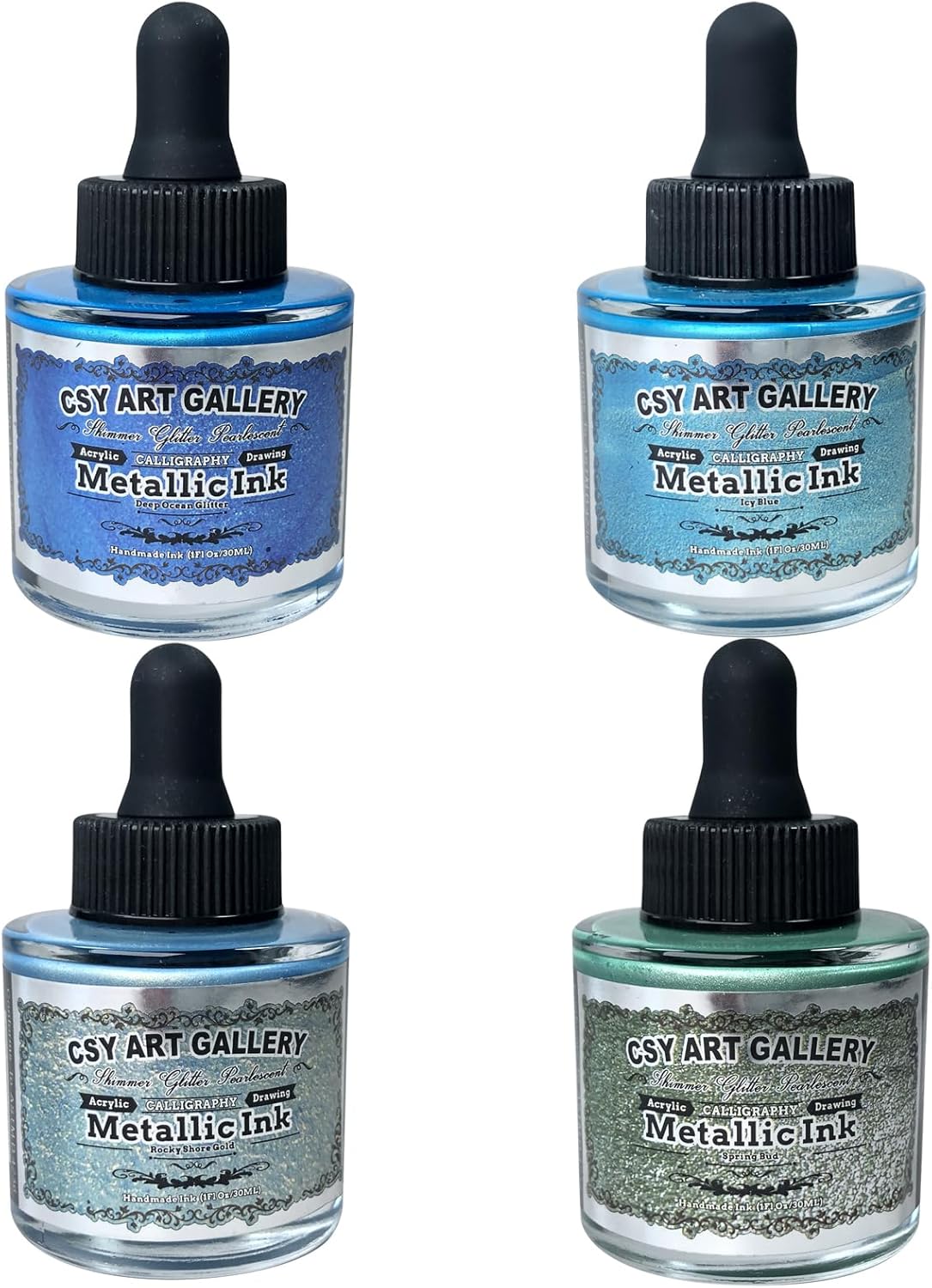 CSY art gallery Metallic Acrylic Ink-Craft Paint-Calligraphy Inks,Glitter-Pearlescent -ICY Blue Drawing Ink Liquid Gold Leaf Paints with Dropper, 1oz - 29.5 ml (Ice Lake Mountains Set) - Crafty Corner