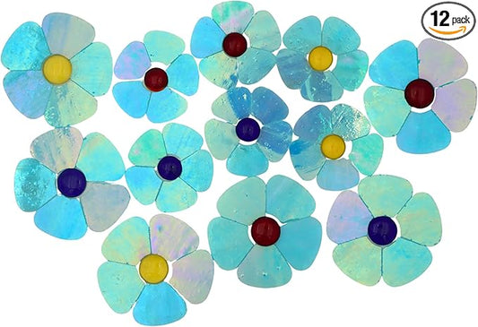 Yuvori Iridescent Flower Mosaic Tiles – 12pcs Mixed Sizes, 5-Petal Iridescent Mica Flowers with Center Beads for DIY Mosaic Art, Fairy Garden, Home Craft, Outdoor Decor (Iridescent Sky Blue)