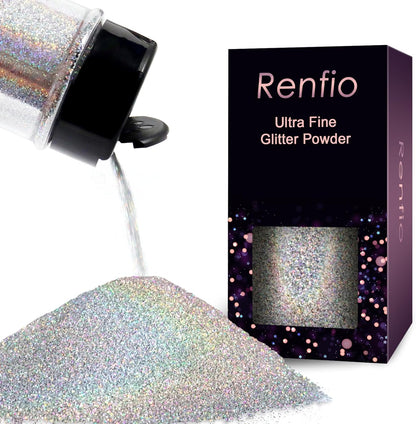 Renfio Holographic Ultra Fine Metallic Resin Glitter 2.11 Oz (60g) PET Flakes Crafts Sequins 1/128" 0.008" 0.2mm Epoxy Chips Flakes Rainbow Glitter for Tumblers Slime - Laser Silver