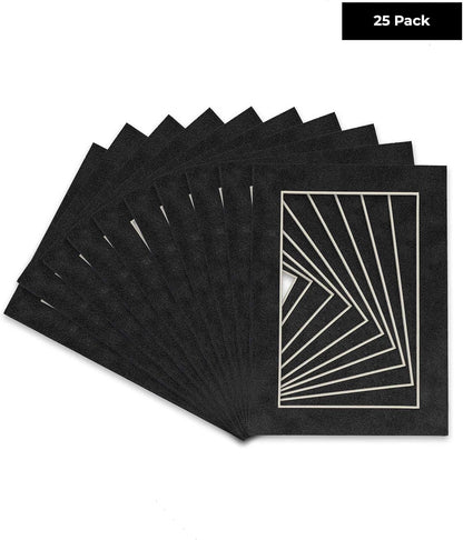 Pack of 25 Acid Free 11x14 Mats Bevel Cut for 8.5x11 Photos - Dark Grey Suede Precut Matboards With Backing Boards and Clear Photo Mat Bags For Pictures, Photos, Framing - 4-ply Thickness