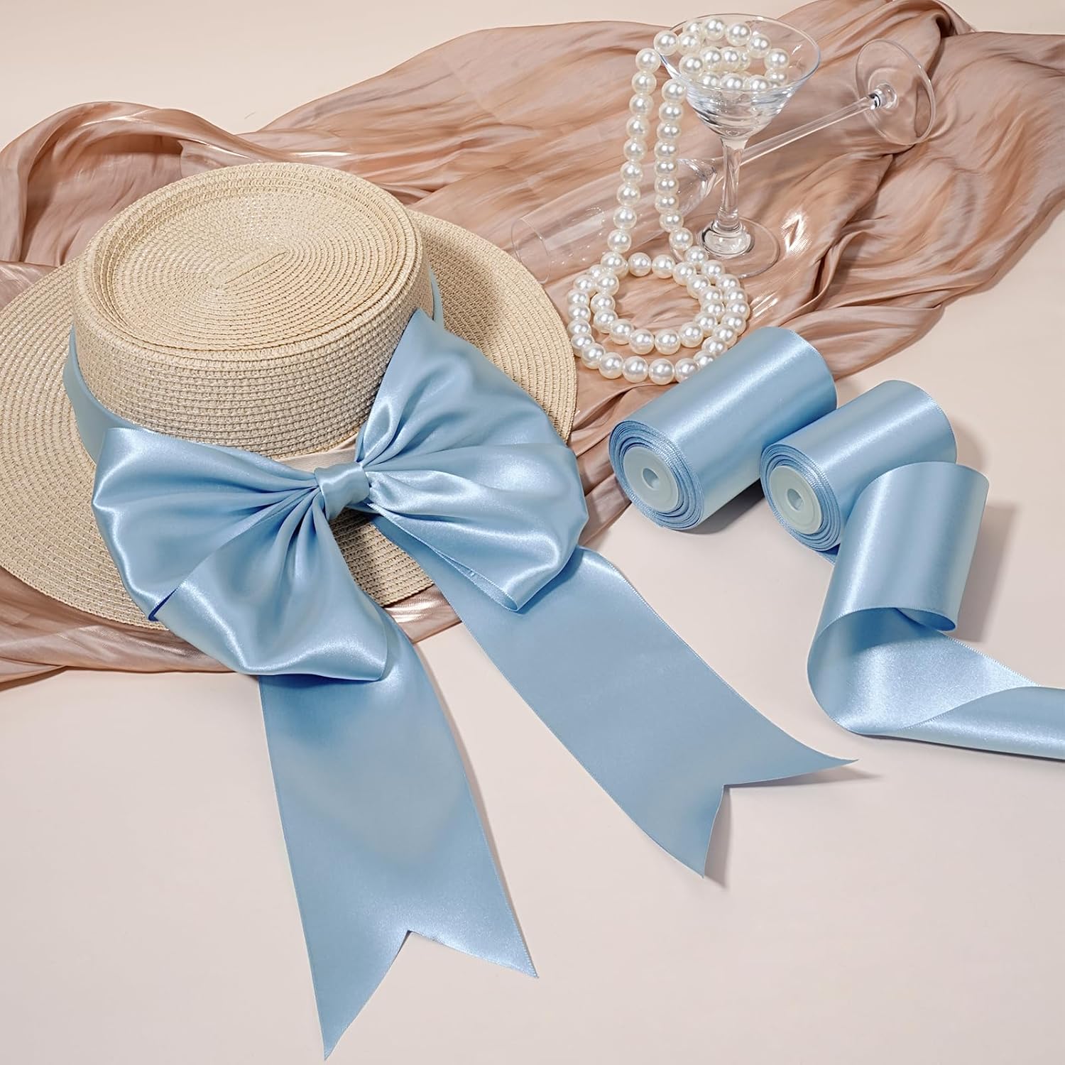 LaRibbons Light Blue Satin Ribbon 3 Inch 10 Yards Double Faced Luxury Baby Blue Silk Ribbon for Gift Wrapping Flower Bouquets Bow Christmas Wedding Party Decoration - Crafty Corner