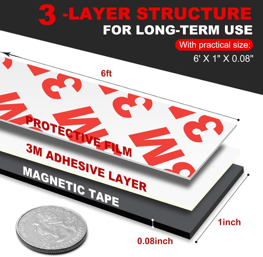 Magnetic Strip, Magnetic Tape Strips with Adhesive Backing (15 Pack, 6" x 1") Sticky Magnet Tape Strips Heavy Duty for Kitchen, Garage - Adhesive Knife Magnetic Tape Tool Holder Strip for Wall