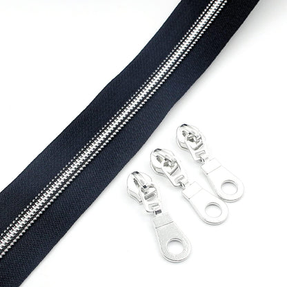 Leekayer #5 Silver Metallic Nylon Coil Zippers by The Yard Bulk 10 Yards Zipper Tape with 25pcs Silver Sliders for DIY Sewing Tailor Craft Bag (Navy Black)