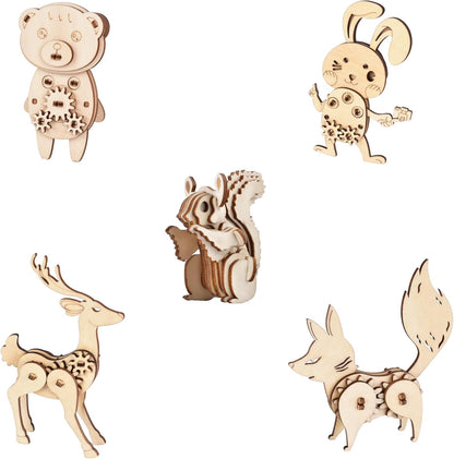 Wooden Animal Puzzles for Ages 8+, 5 Pack 3D Wooden Puzzles, STEM Kits for Kids & Adults, Wood Crafts Model Kits, STEM Toys, DIY Art Projects, Educational Gifts Toys, Party Favors - Woodland Frens